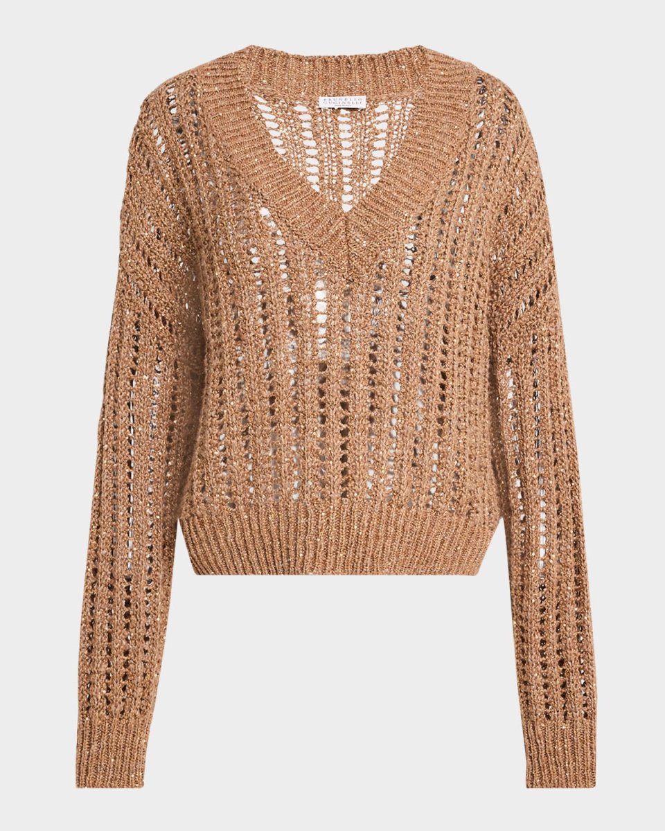 V-Neck Paillette Open-Weave Knit Sweater